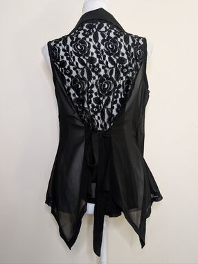 Black Lace-Back Sheer Handkerchief Hem Cardigan